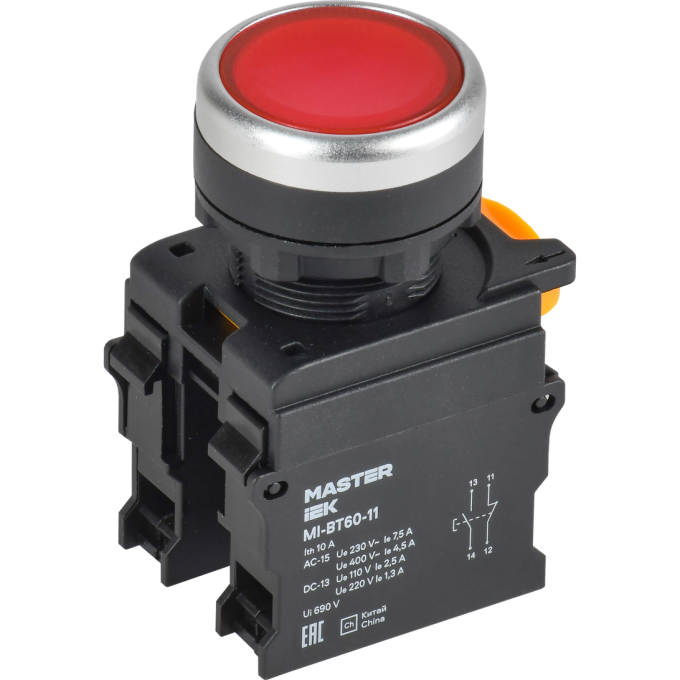 Кнопка IEK MASTER MI-BT60-11-3-22-K04 d=22мм 1NO+1NC красная
