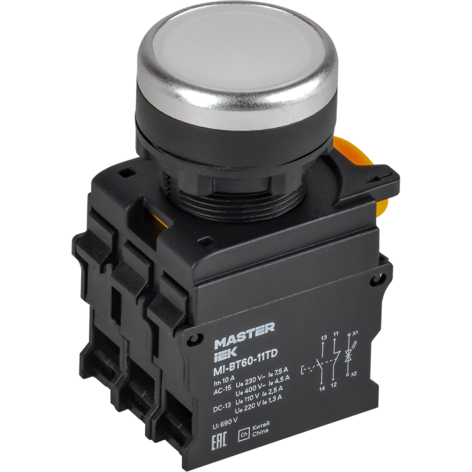 Кнопка с подсветкой и фиксацией IEK MASTER MI-BT60-11TD-33-11-K01 d=22мм 1NO+1NC белая