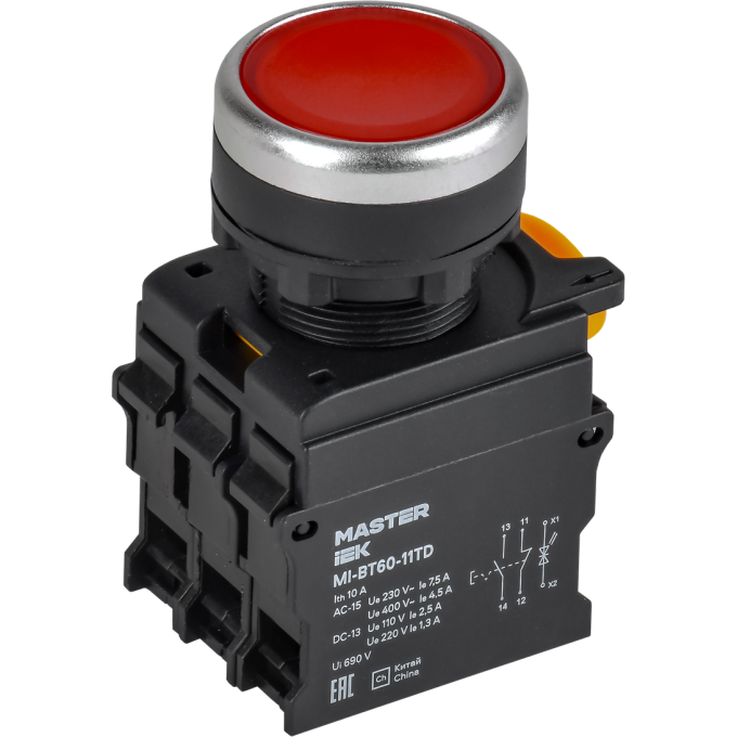 Кнопка с подсветкой и фиксацией IEK MASTER MI-BT60-11TD-3-111-K04 d=22мм 1NO+1NC красная