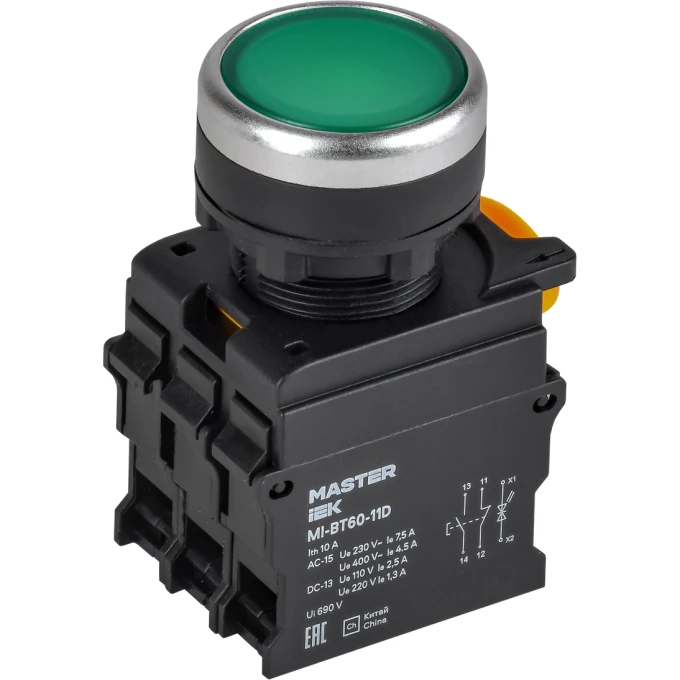 Кнопка с подсветкой IEK MASTER MI-BT60-11D-3-12-K06 d=22мм 1NO+1NC зелёная MI-BT600-11D-3-12-K06