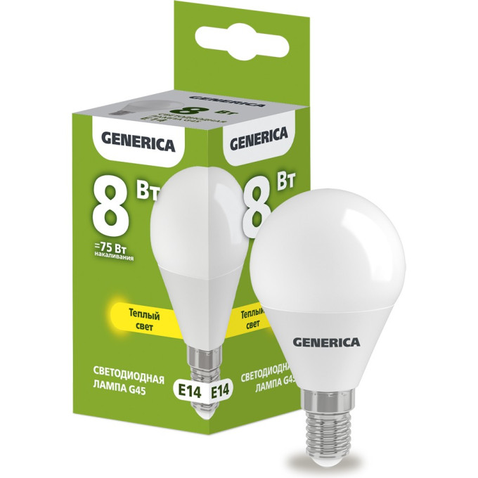 Лампа светодиодная G45 шар 8Вт 230В 3000К E14 GENERICA LL-G45-08-230-30-E14-G